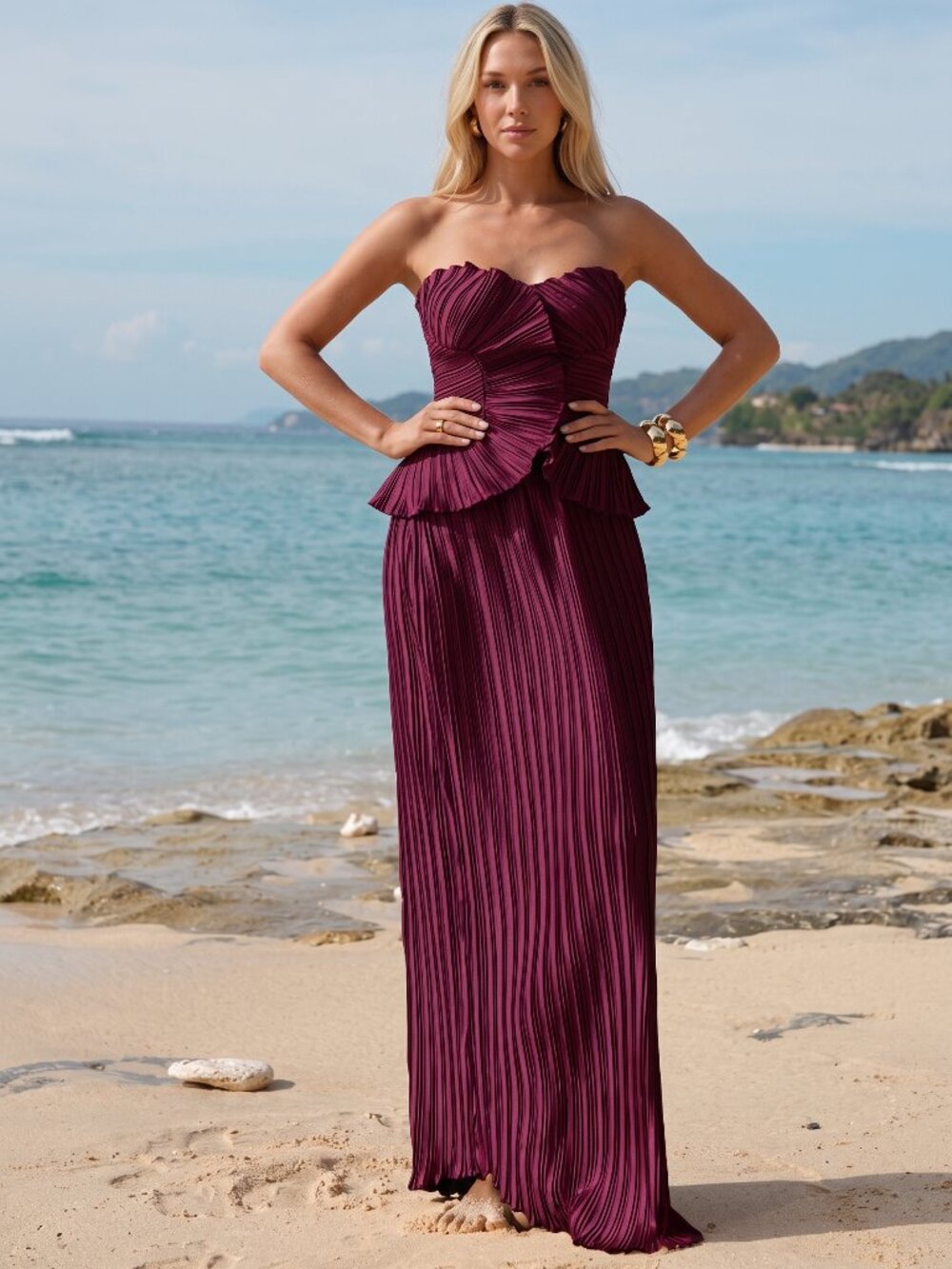 Women's Deep Purple Pleated Bandeau Top Mermaid Maxi Skirt Set Formal - Picture 1 of 5